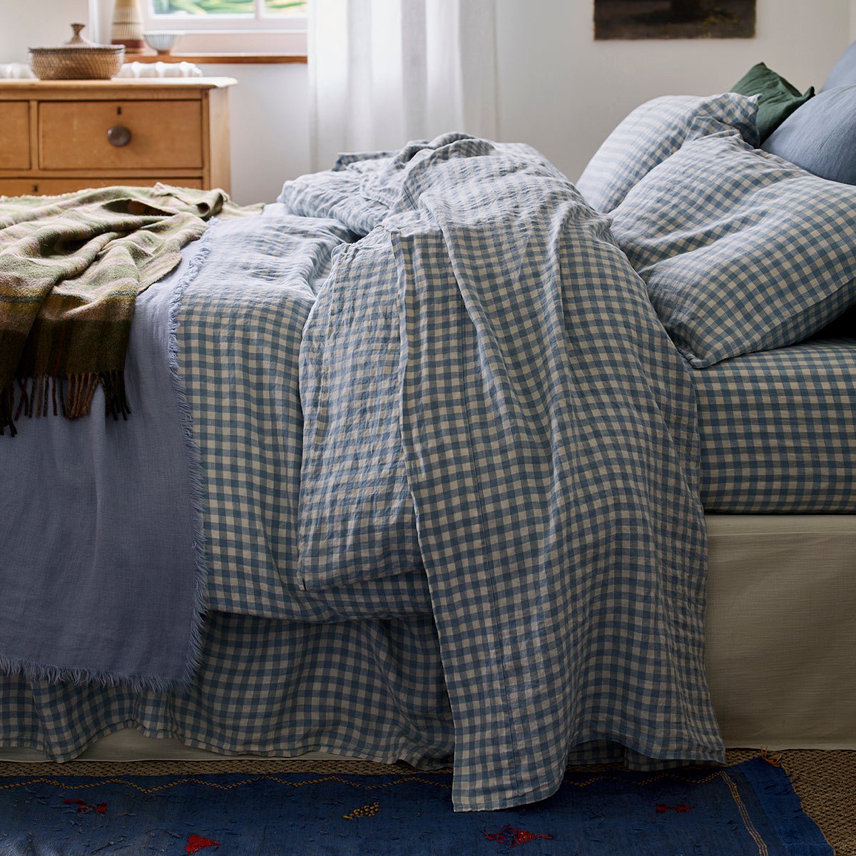 Laura Ashley Warm Blue Gingham Linen Blend Duvet Cover