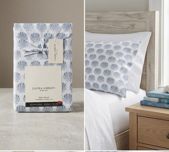Scallop Seashell STANDARD Pillowcases White &amp; Blue (Set of 2)