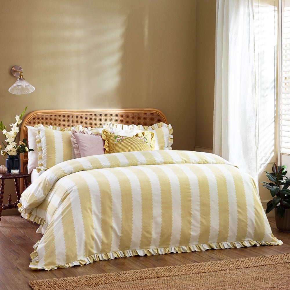 Laura Ashley Birdie Stripe Ruffle Duvet Cover Set Butter Yellow