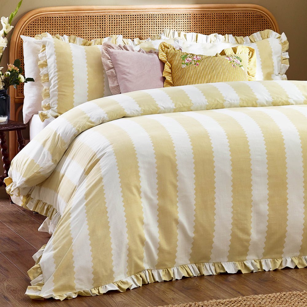 Laura Ashley Birdie Stripe Ruffle Duvet Cover Set Butter Yellow