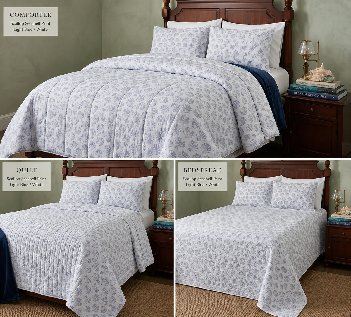 Scallop Seashell STANDARD Comforter, Quilt &amp; Bedspread - White &amp; Blue