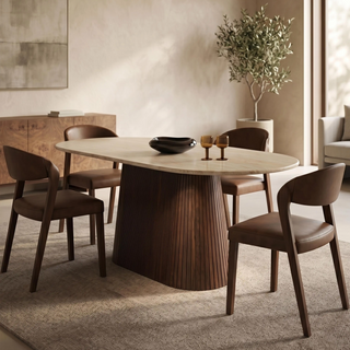 Laura Ashley UK Oxborough 6 Seat Oval Dining Table | Natural Travertine Effect Stone & Walnut