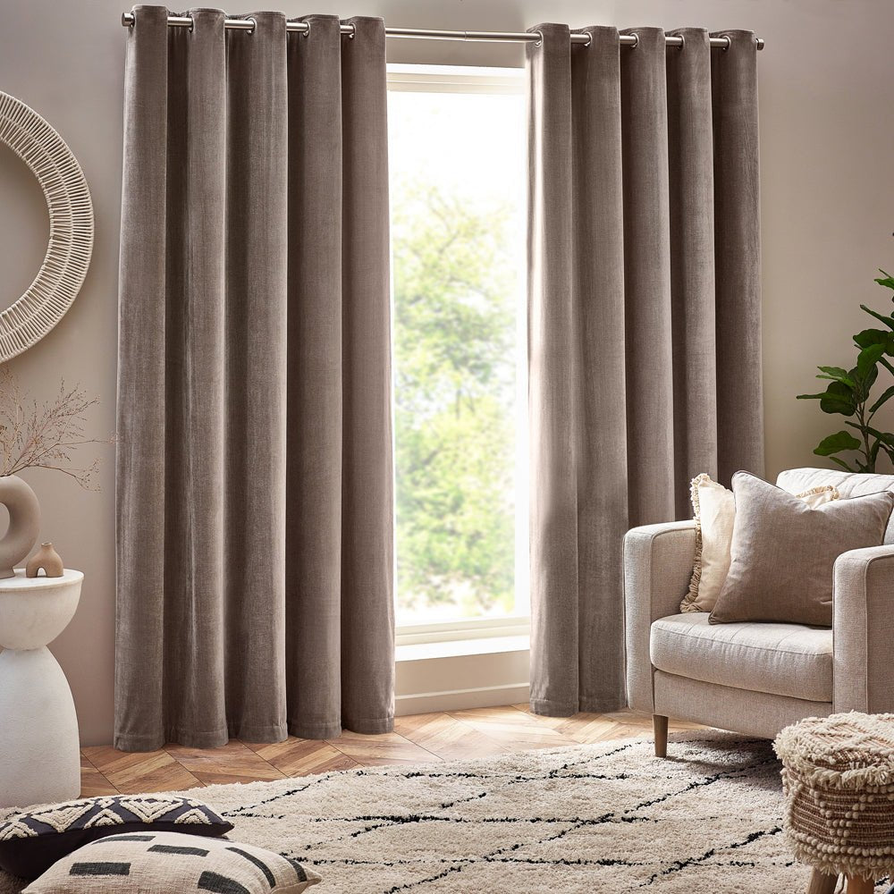 Laura Ashley Chenille Velvet Room Darkening Curtains Greige