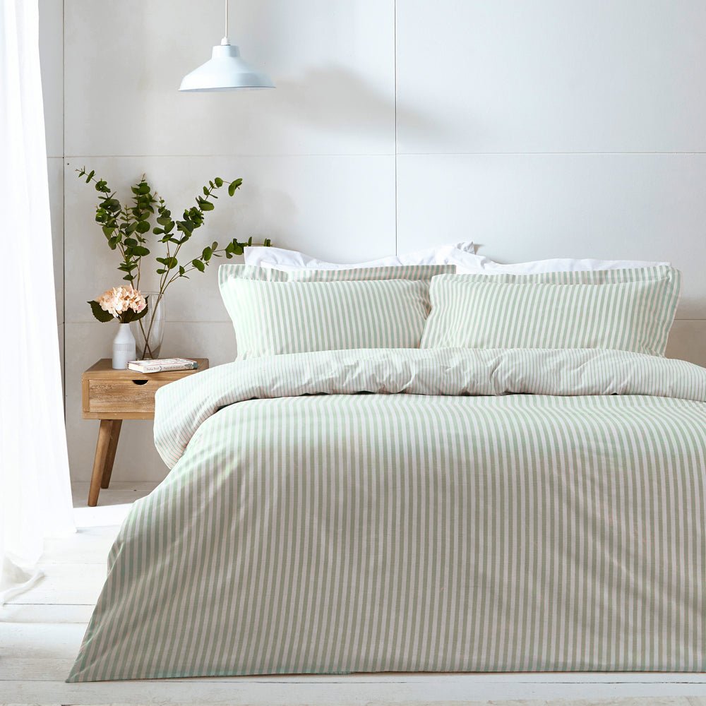 Laura Ashley Hebden Mélange Stripe 100% Cotton Duvet Cover Eucalyptus