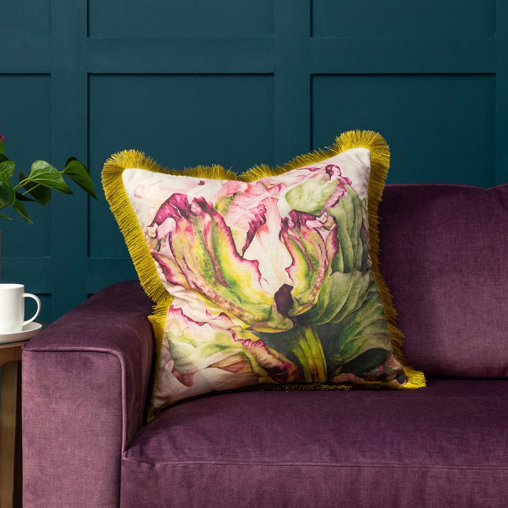 Laura Ashley Heligan Printed Fringed Feather Cushion Fuchsia