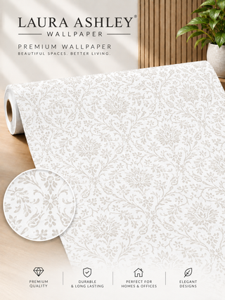 LAURA ASHLEY Classic Floral Damask Wallpaper – Soft Beige