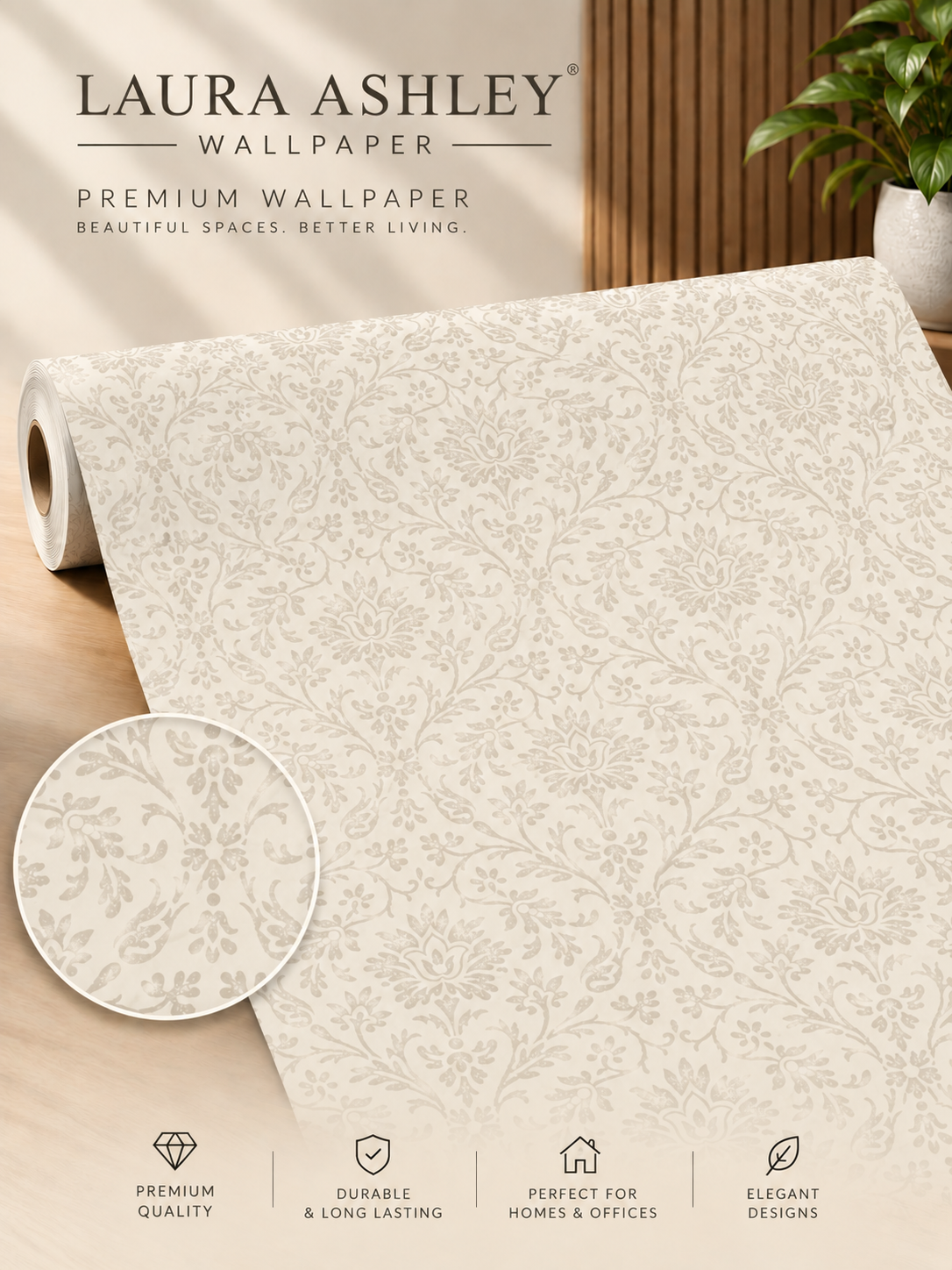 LAURA ASHLEY Classic Floral Damask Wallpaper – Soft Beige