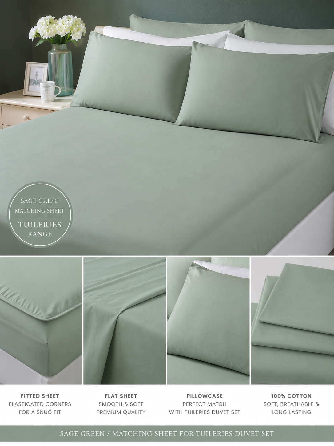 Laura Ashley Sage Green Pale Seaspray 400 Thread Count 100% Cotton Fitted Sheet