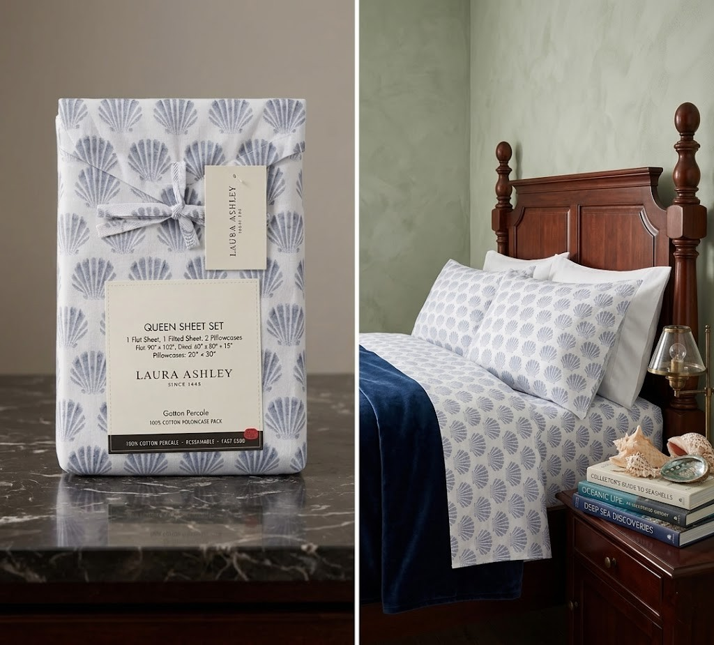 Laura Ashley Scallop Seashell STANDARD Sheet - (White &amp; Blue)