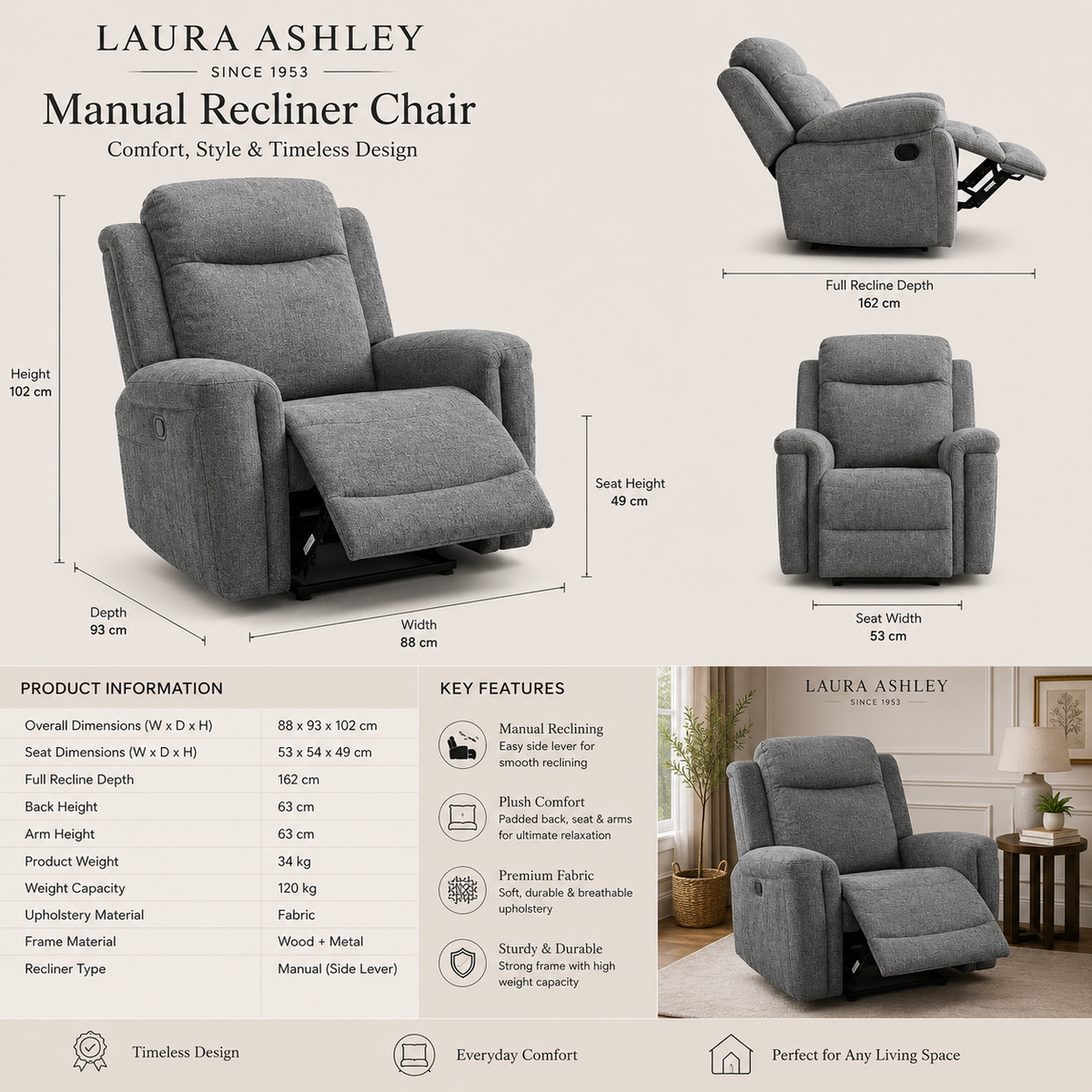 Bentley Grey Fabric 1 Seater Recliner Sofa – Laura Ashley