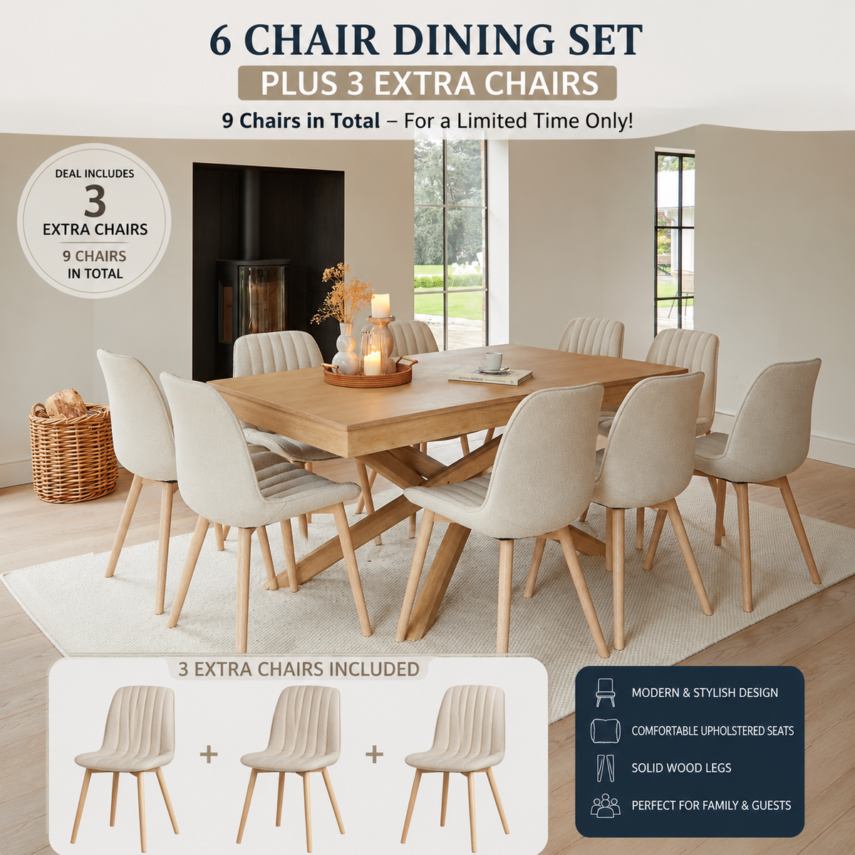 Whitewash Extending Dining Table Set - 9 Seater - Bella Light Beige Boucle Dining Chairs - Whitewash Legs