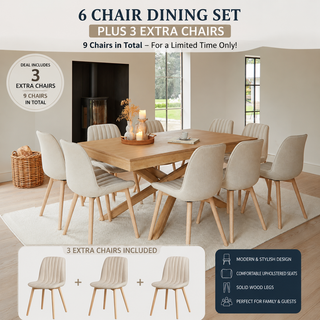 Whitewash Extending Dining Table Set - 9 Seater - Bella Light Beige Boucle Dining Chairs - Whitewash Legs
