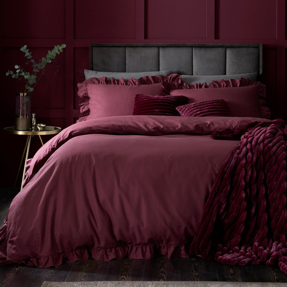 Appletree Hygge Cassia Frill Cotton Laura Ashley UK Duvet Cover Set - Berry