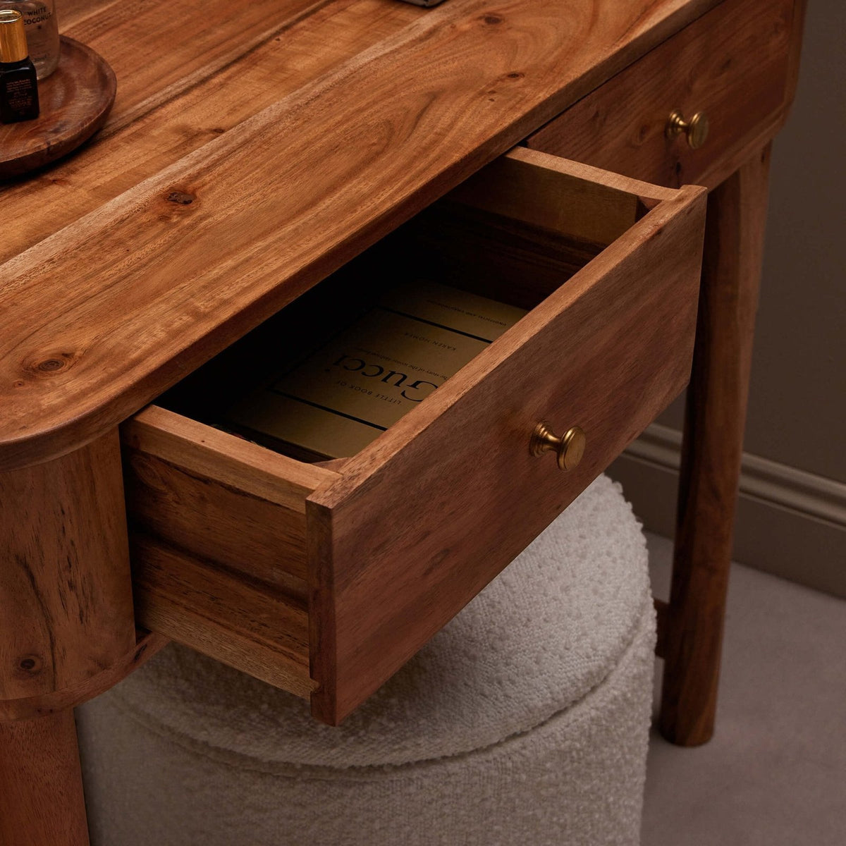 Avery Acacia Wood Dressing Feather & Black Table Console - Natural