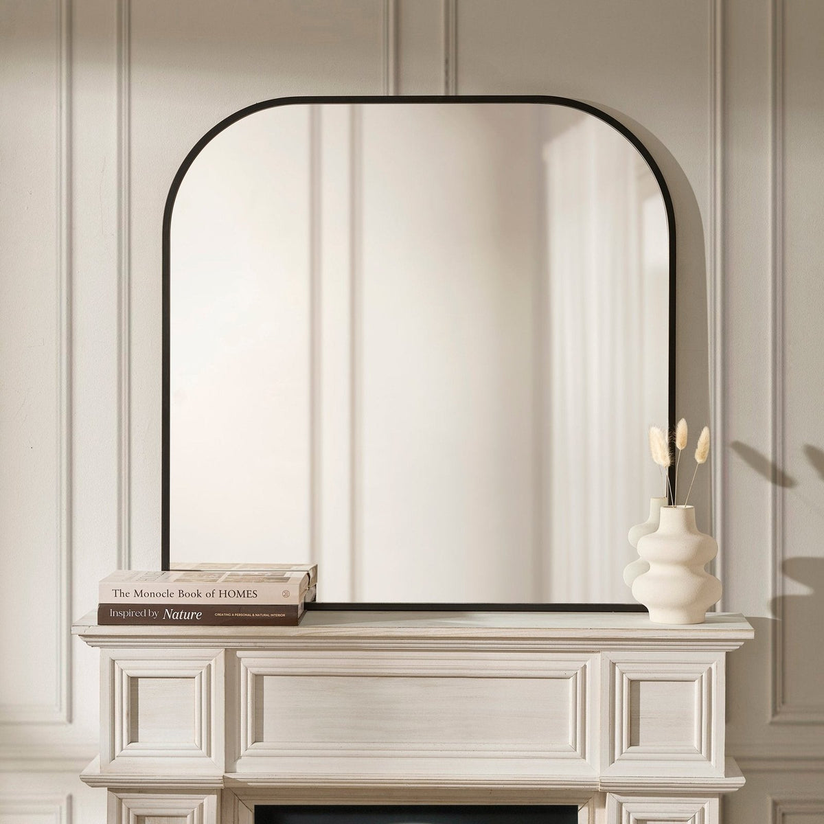 Black & Feather Arched Mantel Mirror - Black