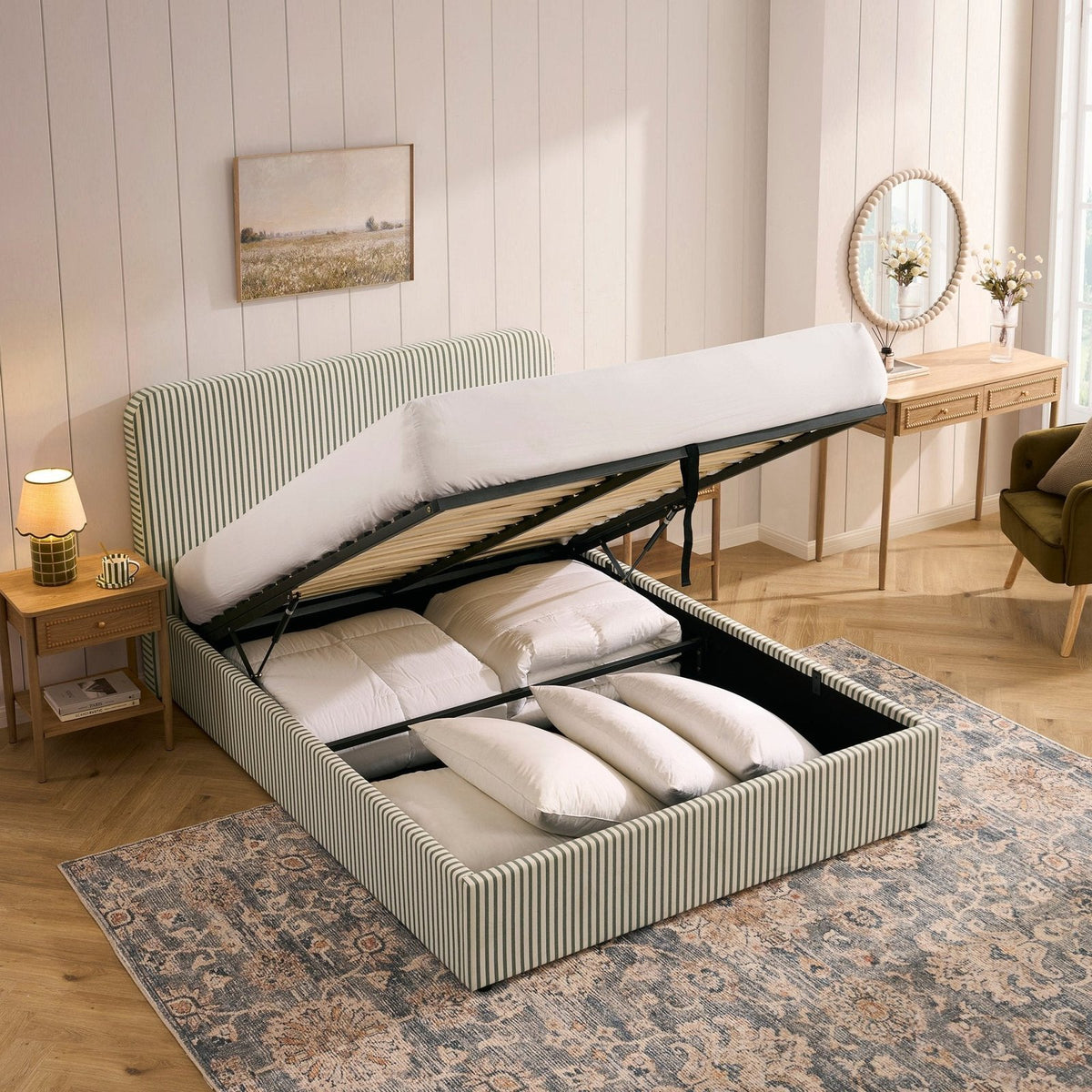 Black & Feather Ascot Ottoman Storage Bed - Sage Stripe