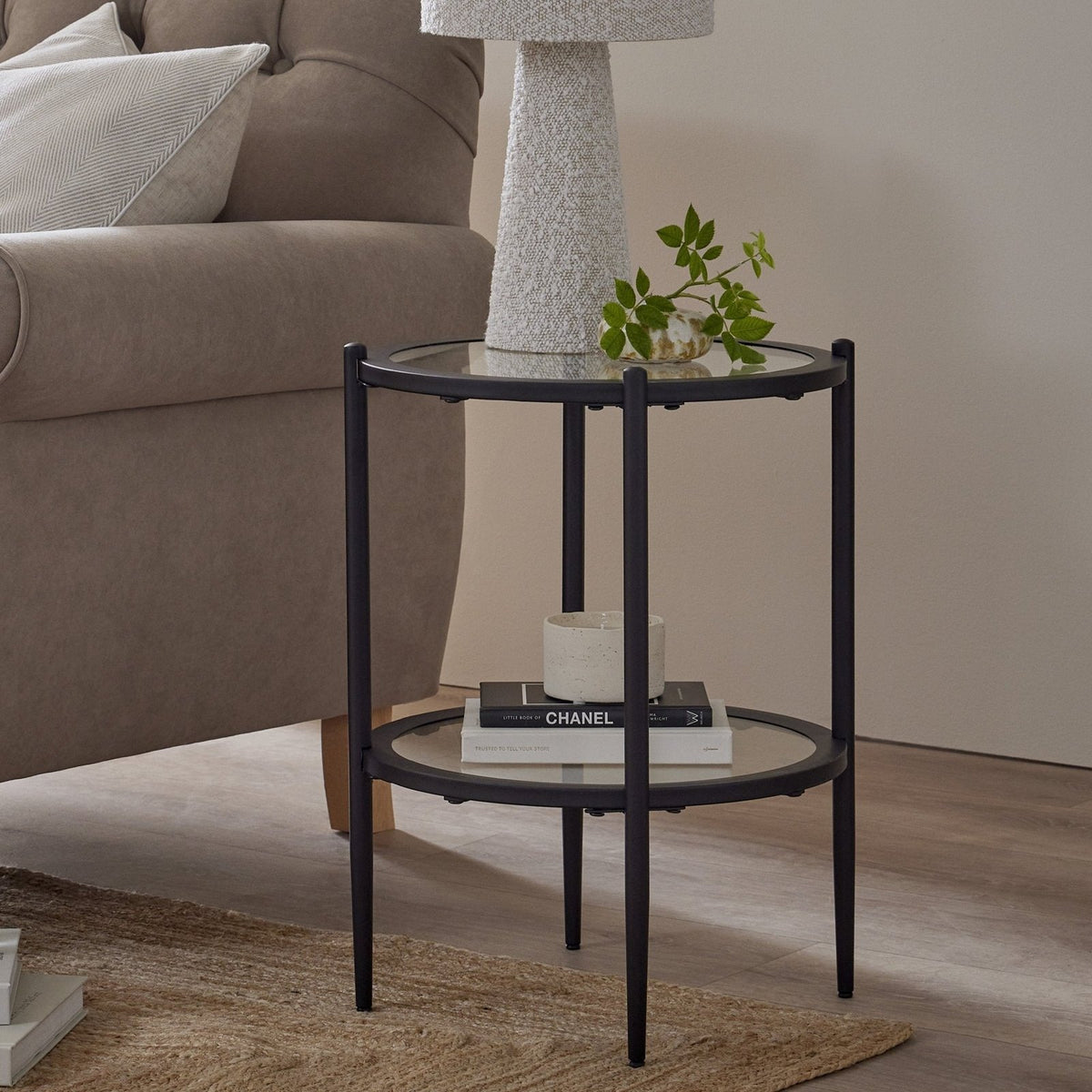Black & Feather Glass Round Side Table - Black