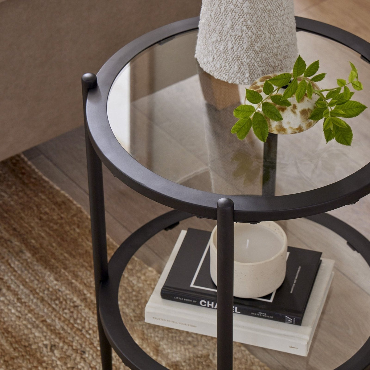 Black & Feather Glass Round Side Table - Black