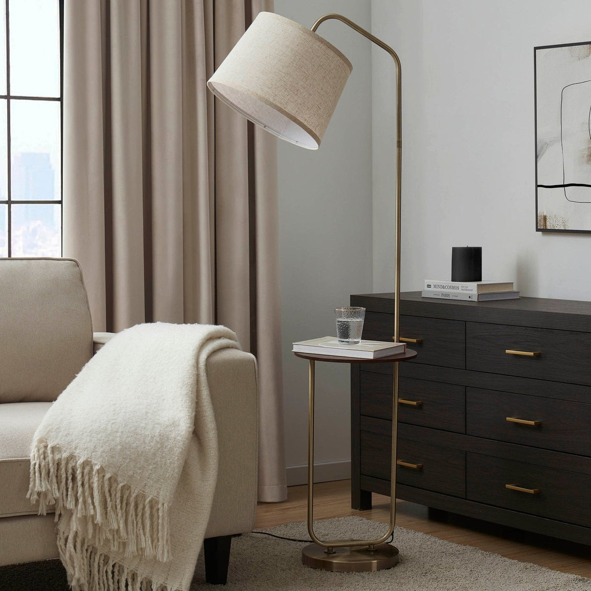 Black & Feather Orianna Floor Lamp with Side Table - Gold