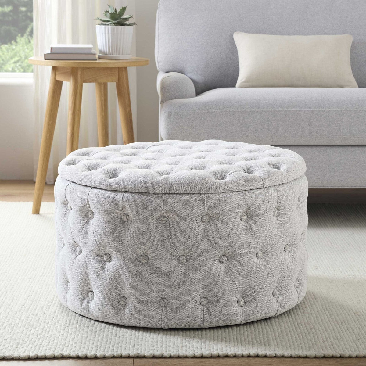 Black & Feather Paisley Buttoned Round Storage Pouffe - Light Grey