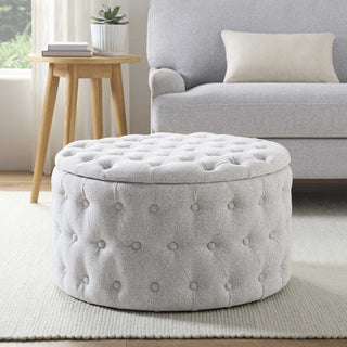 Black & Feather Paisley Buttoned Round Storage Pouffe - Light Grey