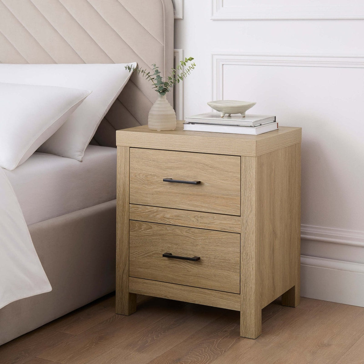 Black & Feather Piper 2 Drawer Bedside Table - Light Wood