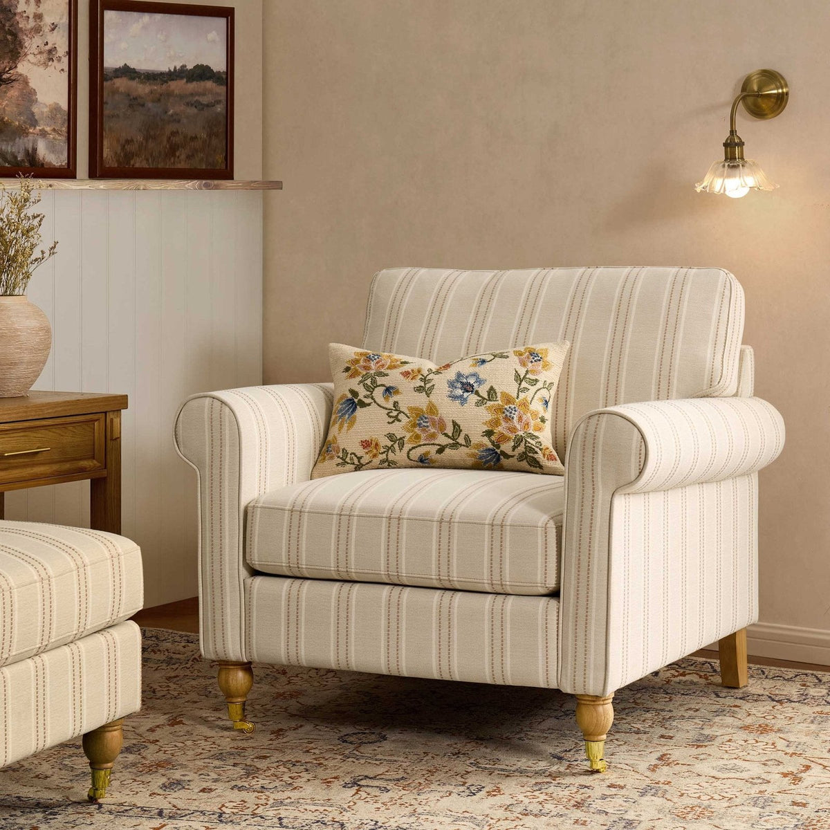Black & Feather Sicily Armchair - Natural Stitched Stripe
