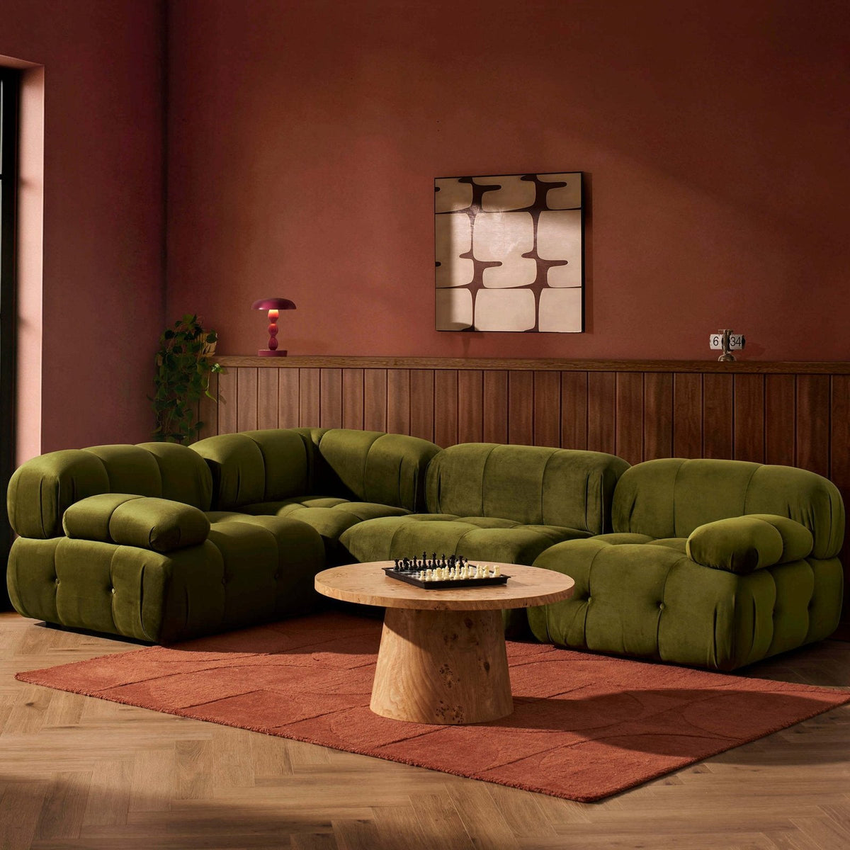 Bondi Small Left Hand L Black & Feather Shape Sofa -  Rich Green