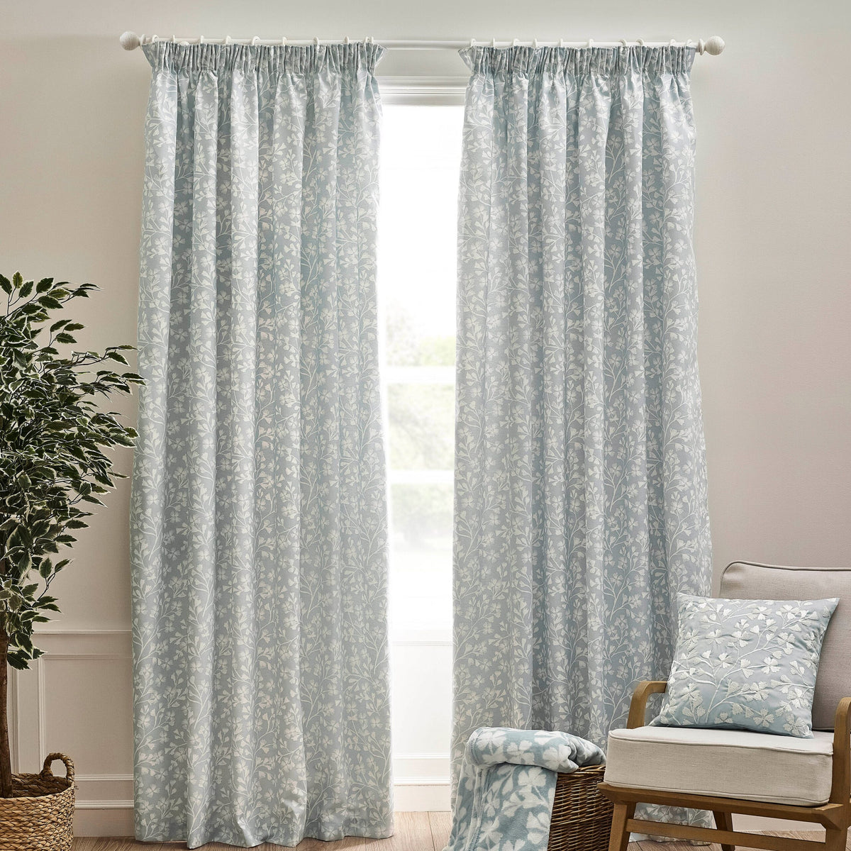 Brooke Floral Pencil Pleat Laura Ashley UK Curtains - Duck Egg Blue