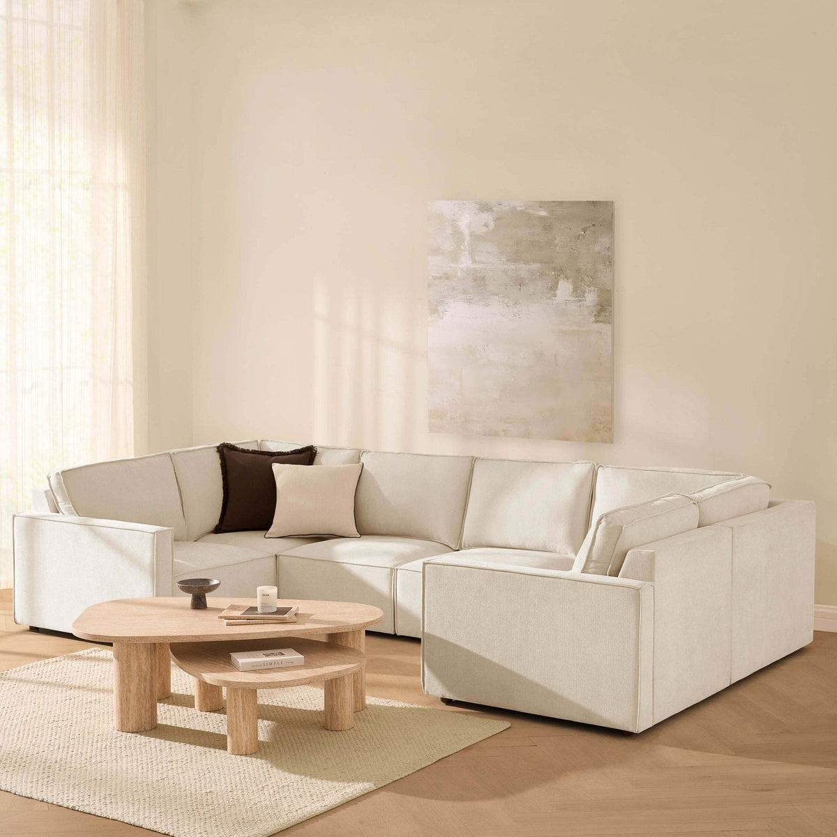 Brooklyn Slim Arm U-Shape Black & Feather Sofa - Chenille Ivory