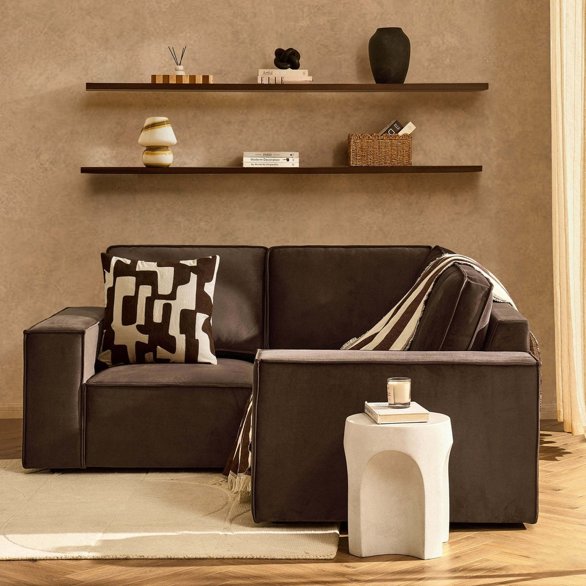 Brooklyn Small Corner Feather & Black Sofa - Cappuccino
