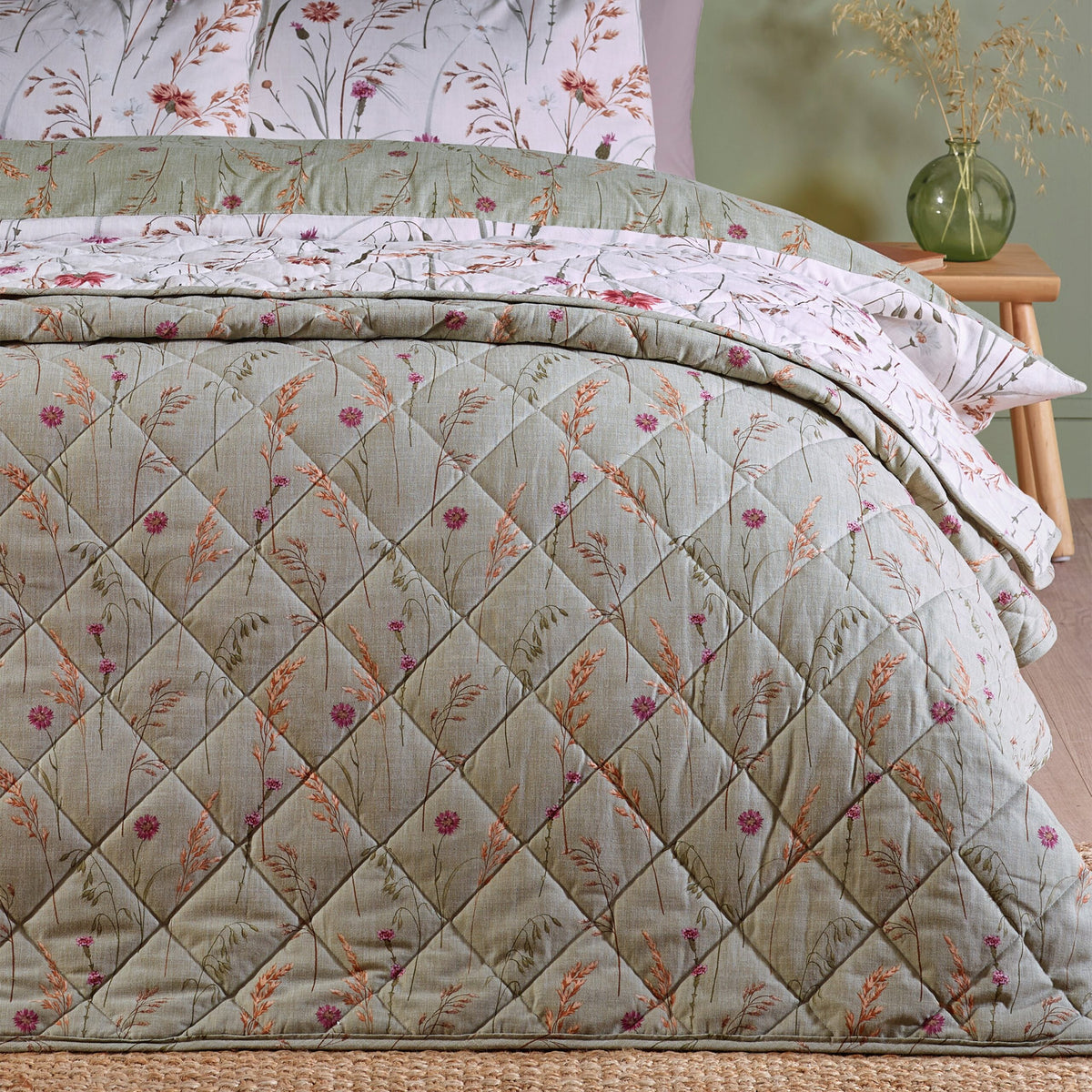 Brushed Grasmere Floral Laura Ashley UK Bedspread - Green