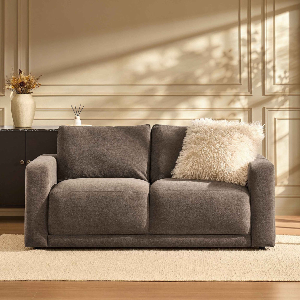 Chicago 2 Seater Sofa - Chenille Mushroom – Black & Feather