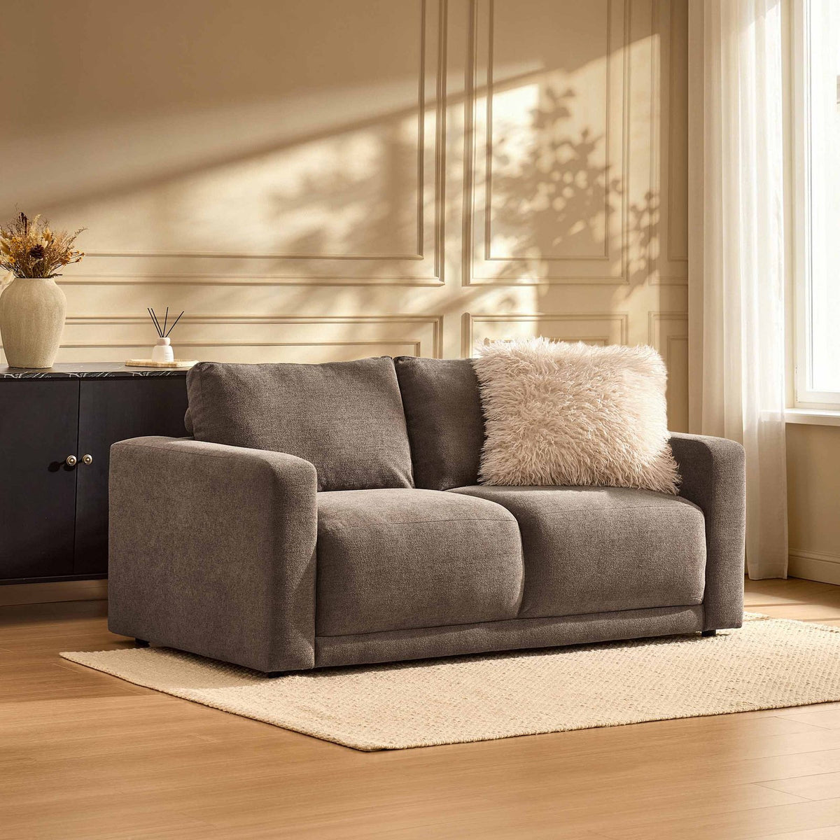 Chicago 2 Seater Sofa - Chenille Mushroom – Black & Feather