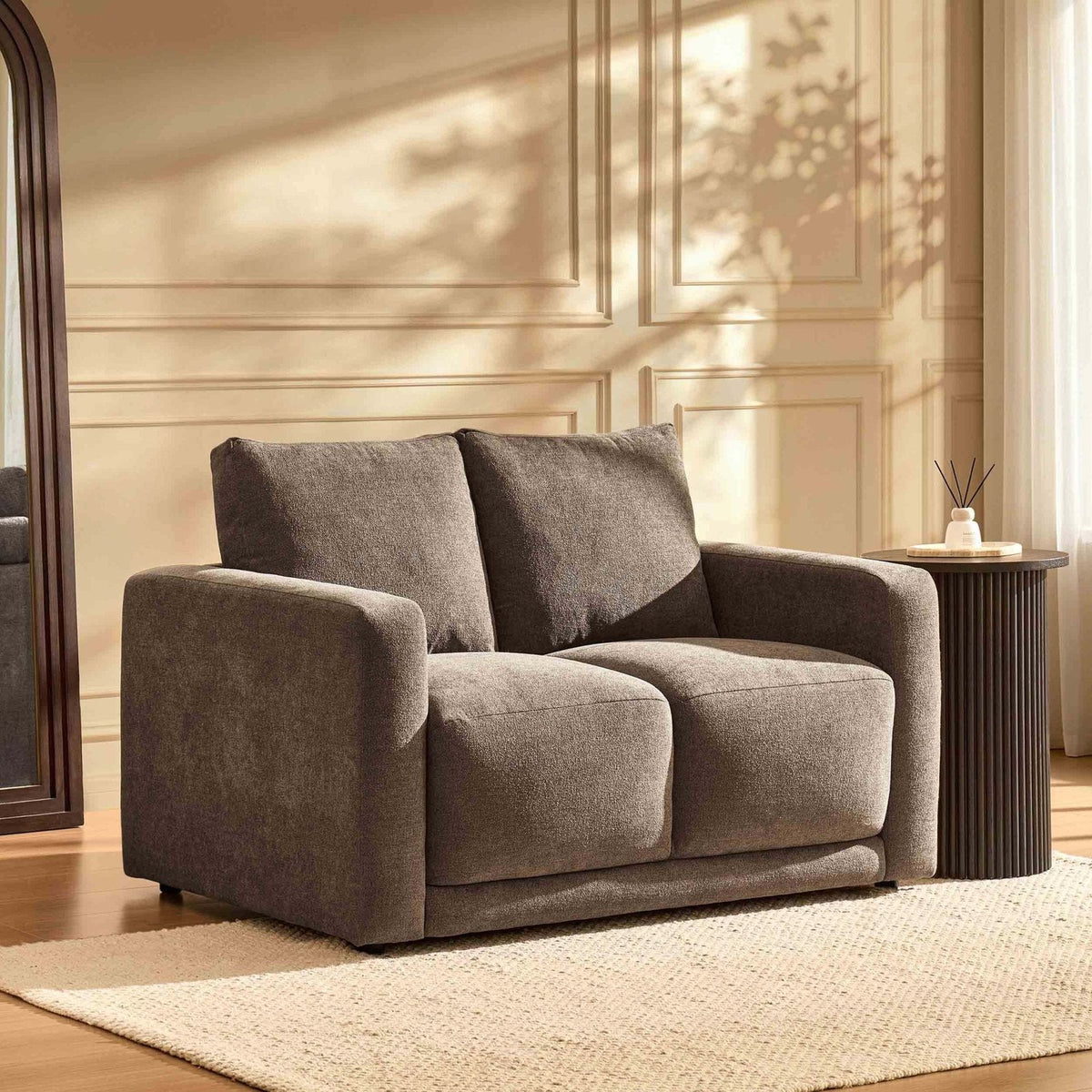 Chicago Small 2 Seater Sofa - Chenille Mushroom – Feather & Black