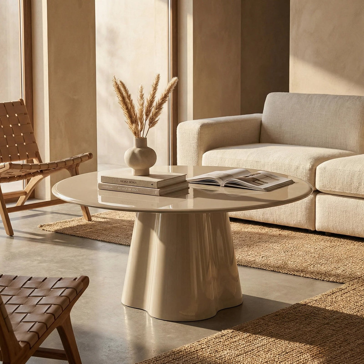 Laura Ashley Hadley Round Coffee Table | Soft Ecru Sandblasted Glass & High Gloss Ecru