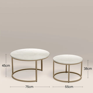Laura Ashley UK Madison Set Of 2 Round Nesting Coffee Tables | White Marble & Brass