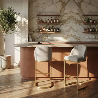 Laura Ashley UK Matteo Bar Stool with Backrest | Speckled Stone Sustainable Boucle
