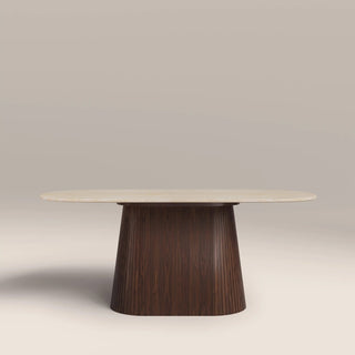 Laura Ashley UK Oxborough 6 Seat Oval Dining Table | Natural Travertine Effect Stone & Walnut