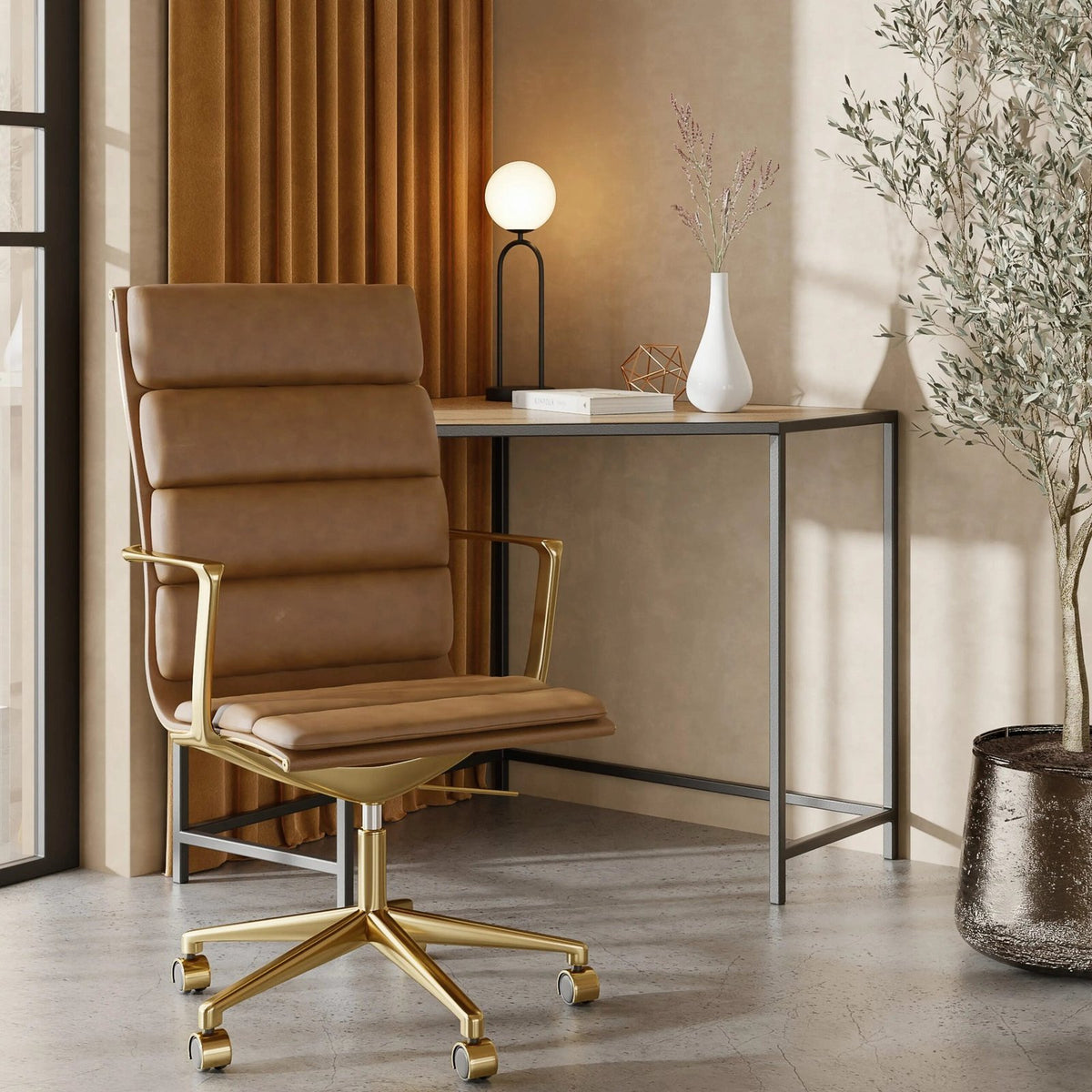 Laura Ashley UK Urma High Back Office Chair | Vintage Tan Faux Leather & Brass
