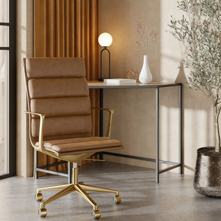 Laura Ashley UK Urma High Back Office Chair | Vintage Tan Faux Leather & Brass