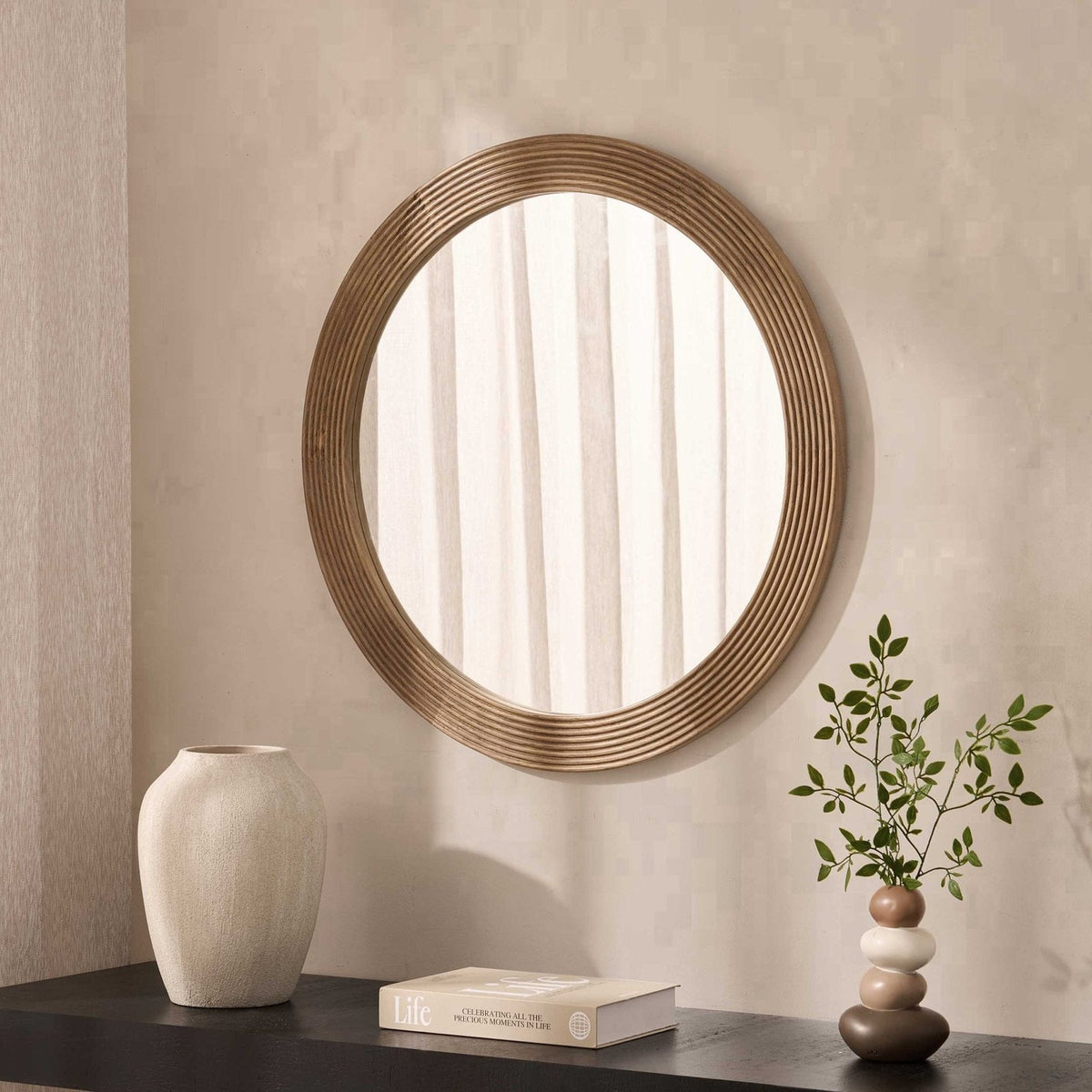 Cyrus Circle Wood Feather & Black Mirror - Light Wood