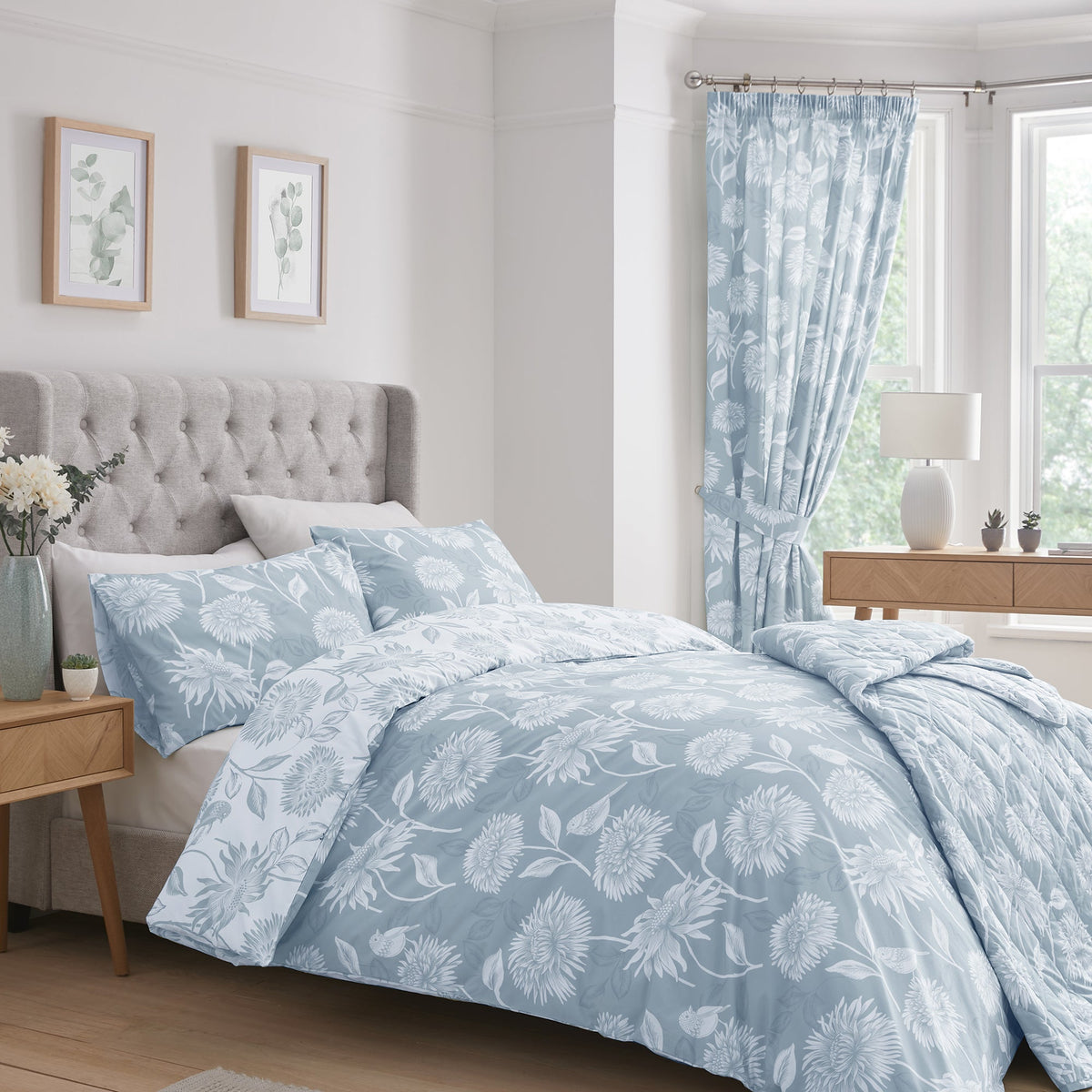 D & D Chrysanthemum Pencil Laura Ashley Pleat Curtains  - Blue