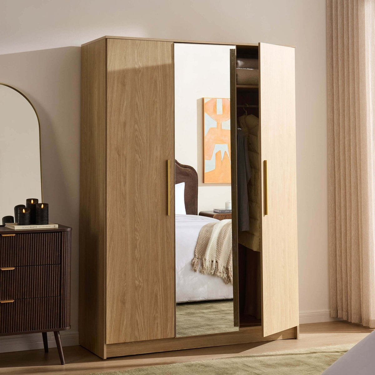 Darcey 3 Door Wardrobe - Light Wood – Feather & Black