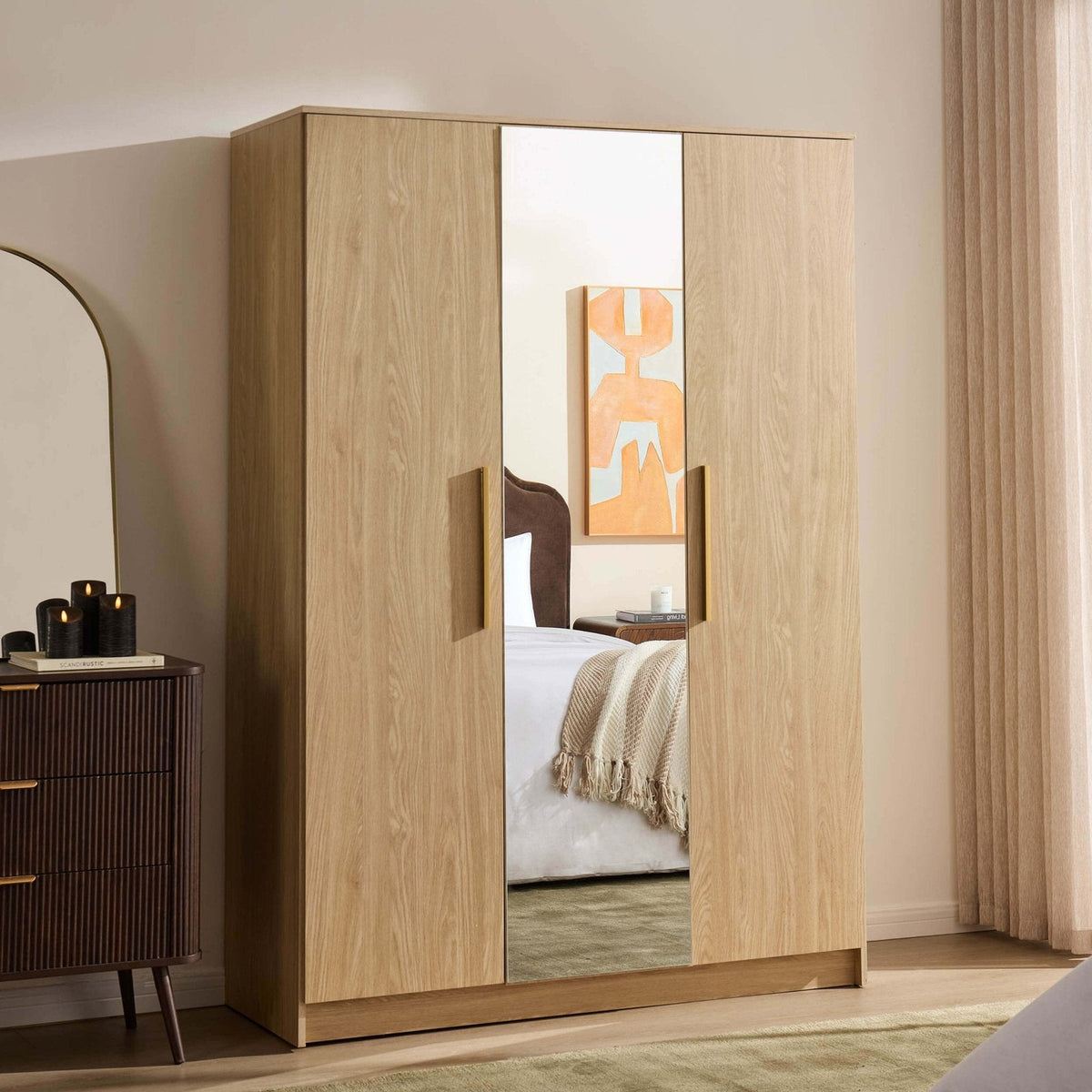 Darcey 3 Door Wardrobe - Light Wood – Feather & Black