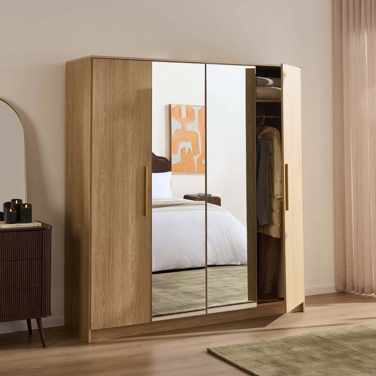 Darcey 4 Door Feather & Black Wardrobe - Light Wood