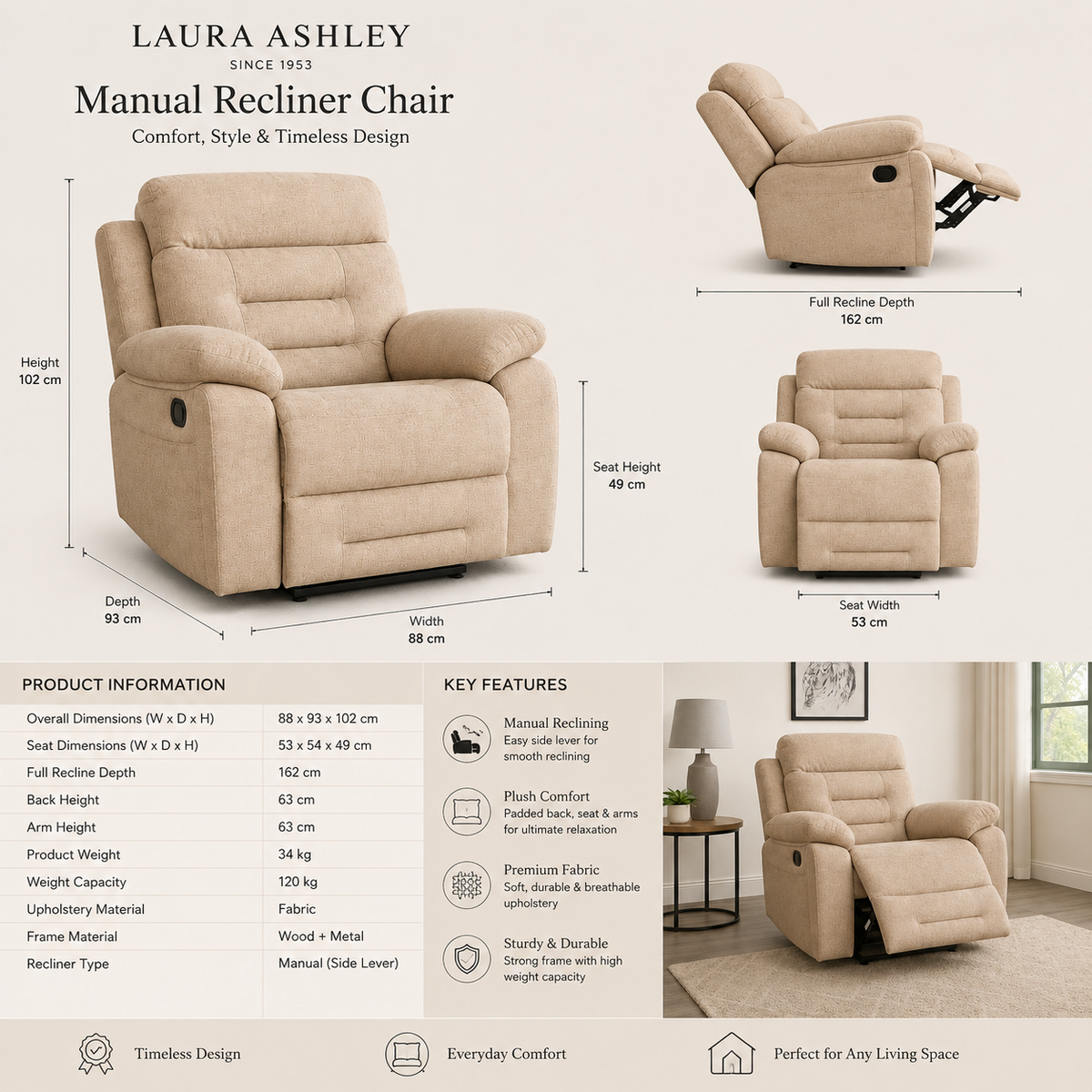 Wakefield Latte Fabric 1 Seater Manual Recliner Chair - Laura Ashley