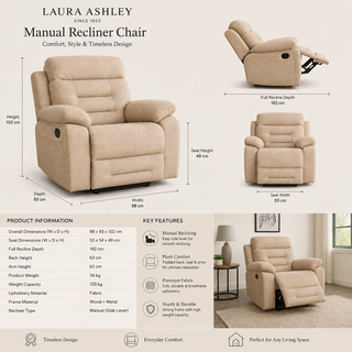 Wakefield Latte Fabric 1 Seater Manual Recliner Chair - Laura Ashley