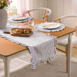 Edith Stripe Frill Edge Feather & Black Table Runner - Olive Green