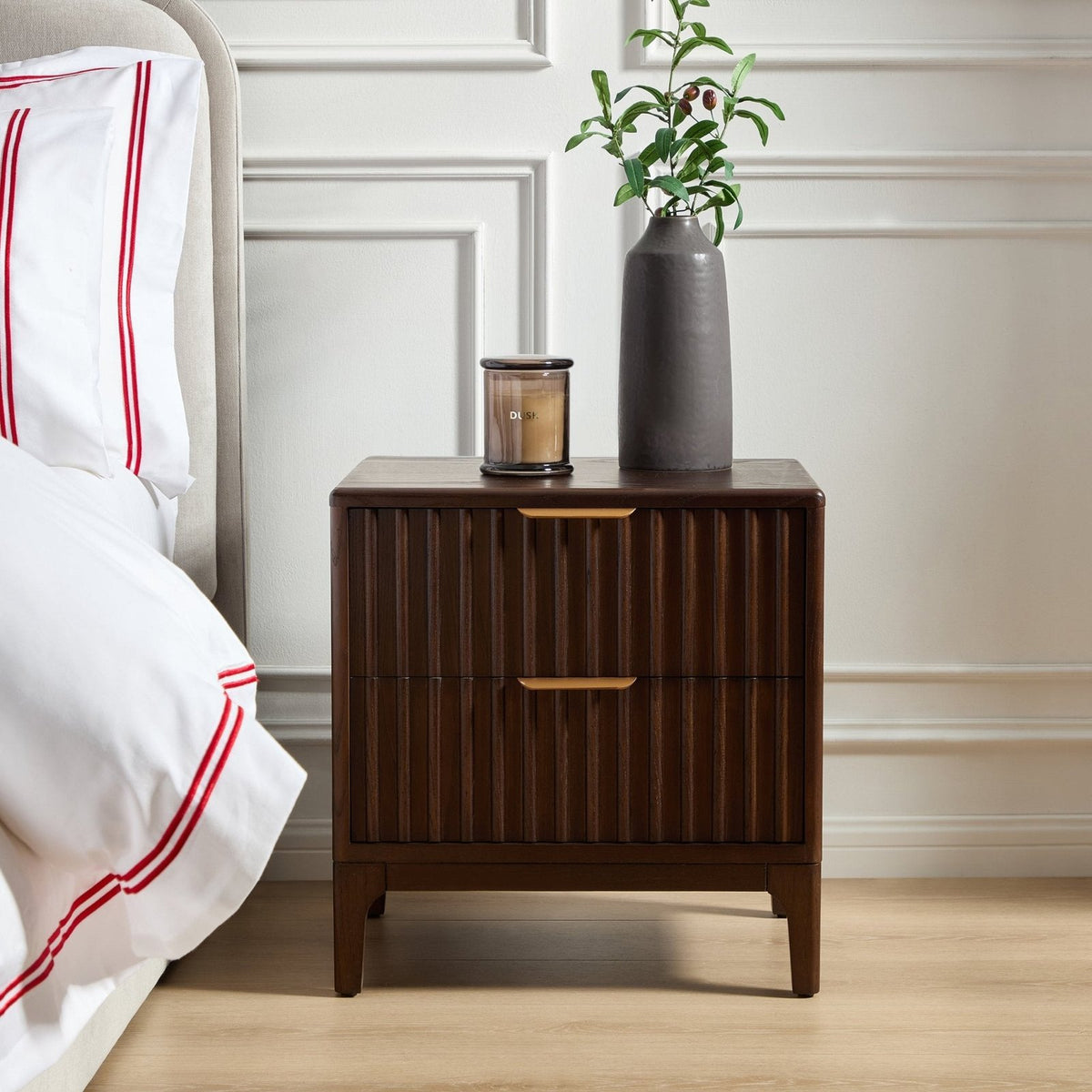 Elena Ash 2 Drawer Feather & Black Bedside Table - Walnut